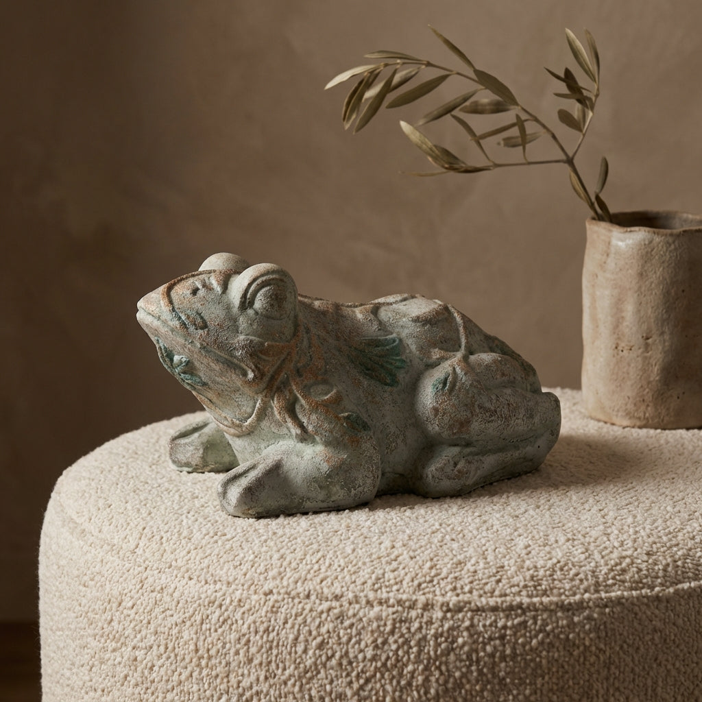 Zanya Petrol frog shaped cement statue w flowers L