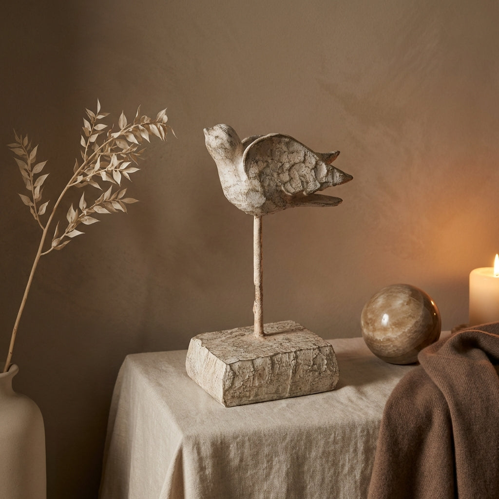 Naura Cream bird shaped cement statue on base S