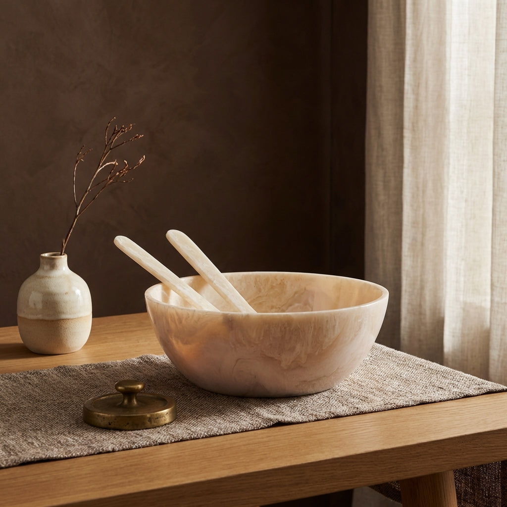 Cayley White poly round salad bowl with cutlery