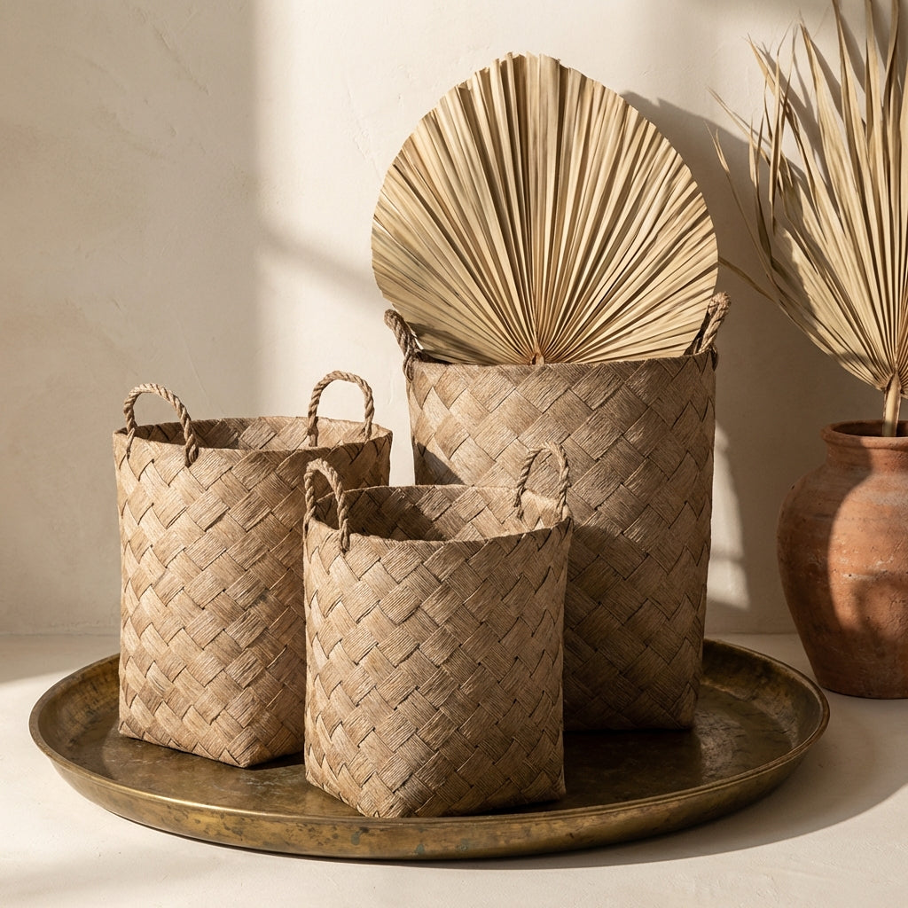 Clarke Green round woven paper basket w handle SV3