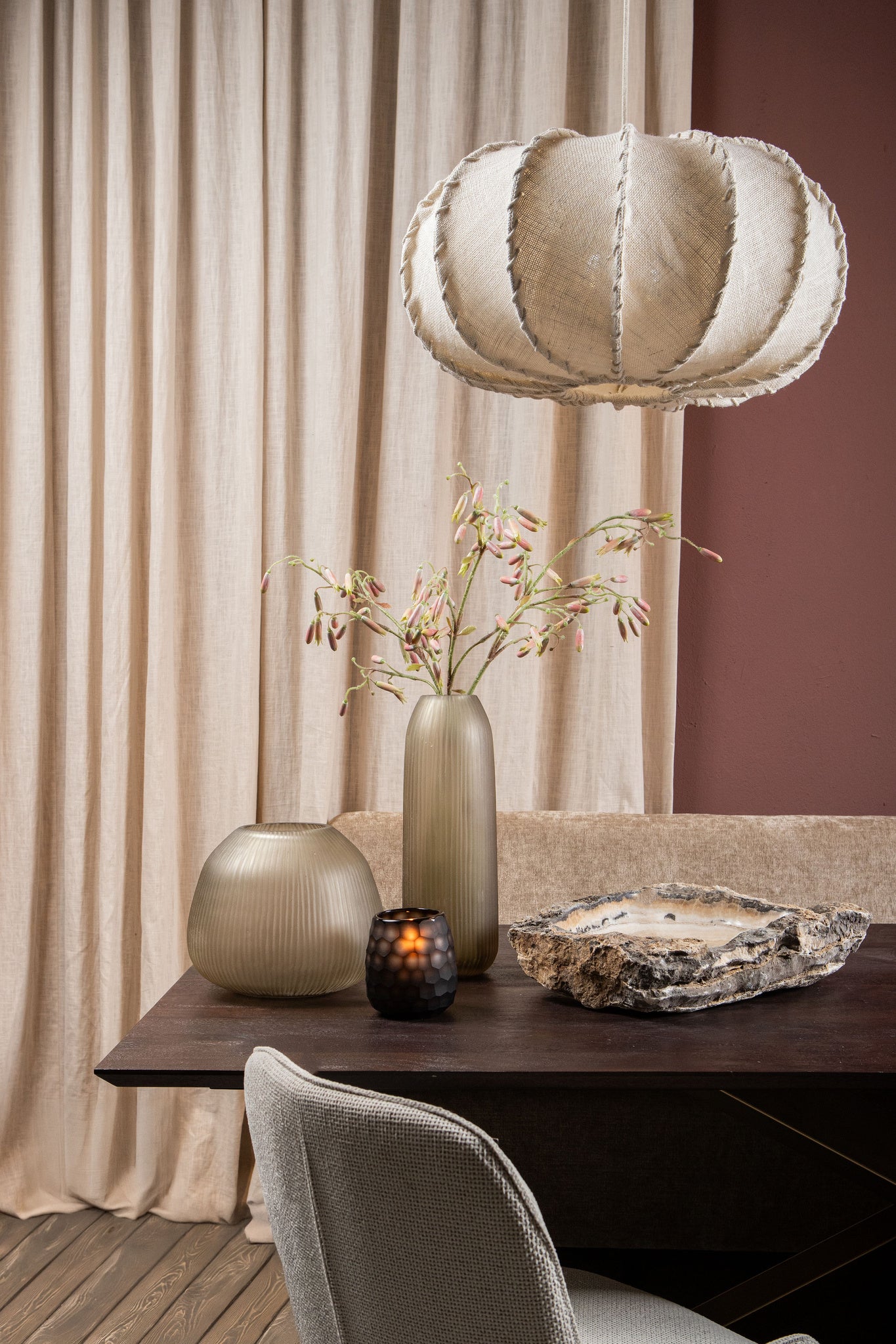 Myka Lustres en fer — Jute Hanging Lamp Flat Round Shape - Crème