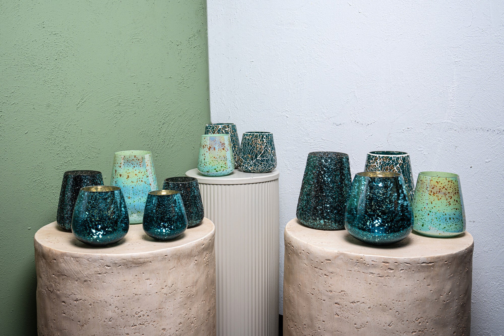 Mayna Photophores en verre — Green Bulb Tealight Crackle - Bleu canard