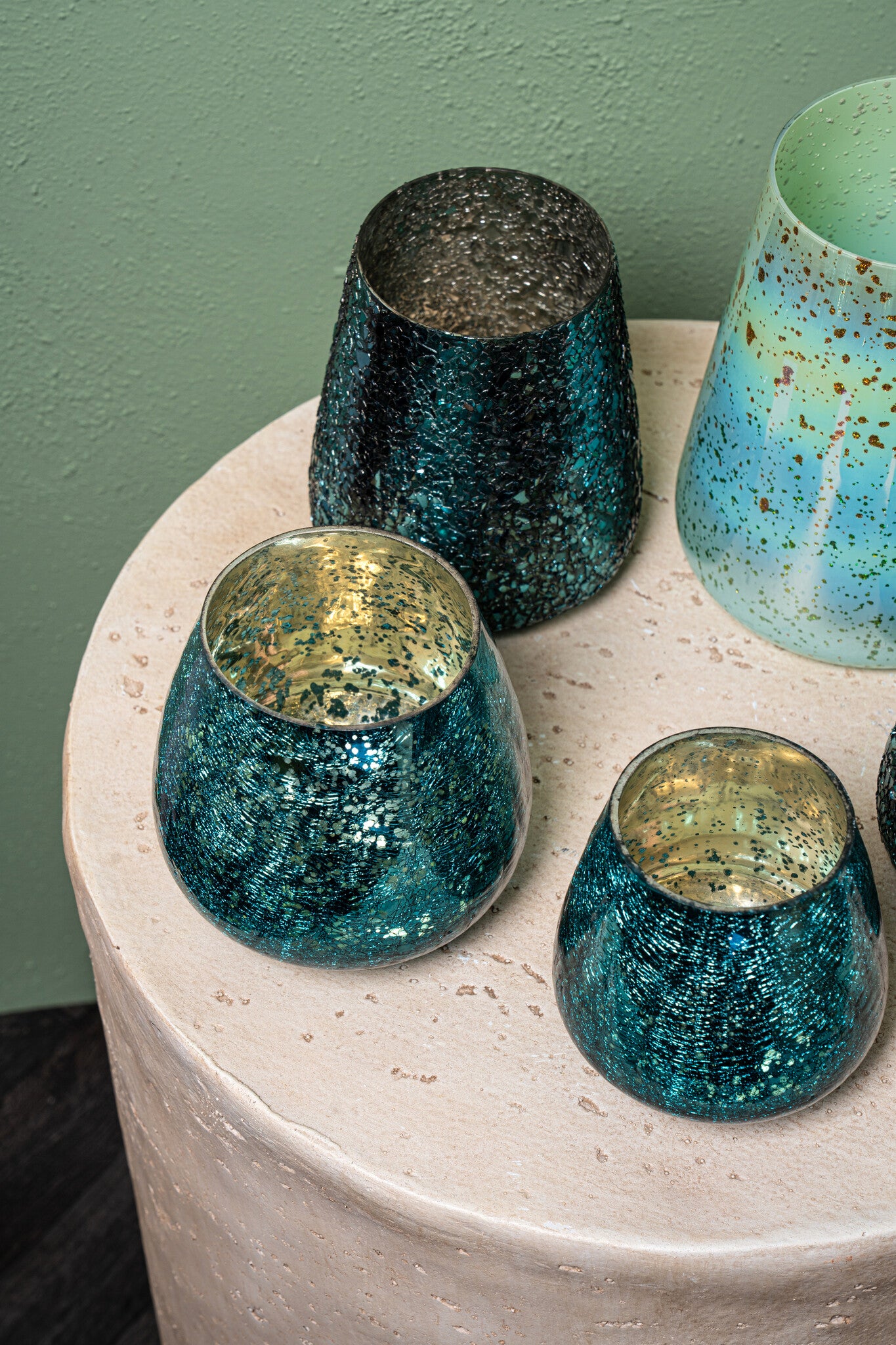 Mayna Photophores en verre — Green Bulb Tealight Crackle - Bleu canard