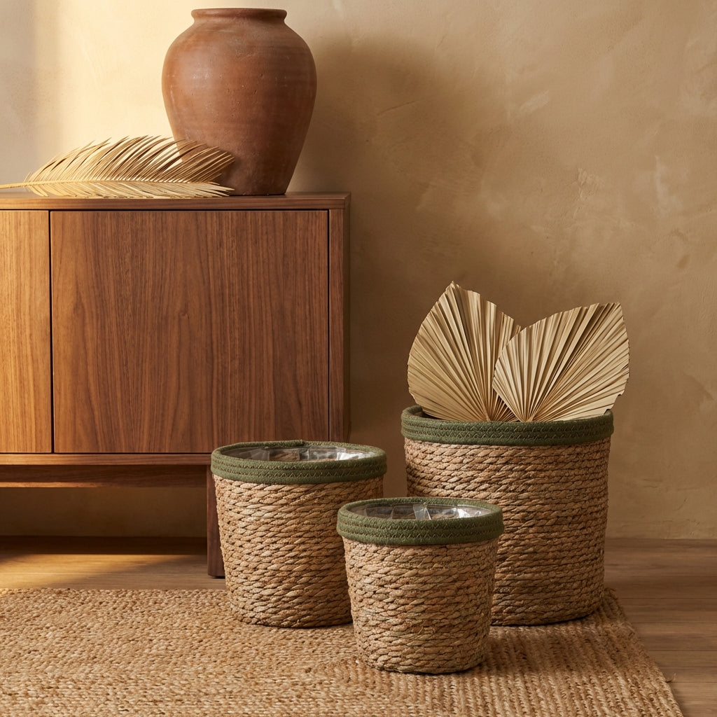 Leavy Dark Green border straight rattan basket SV3
