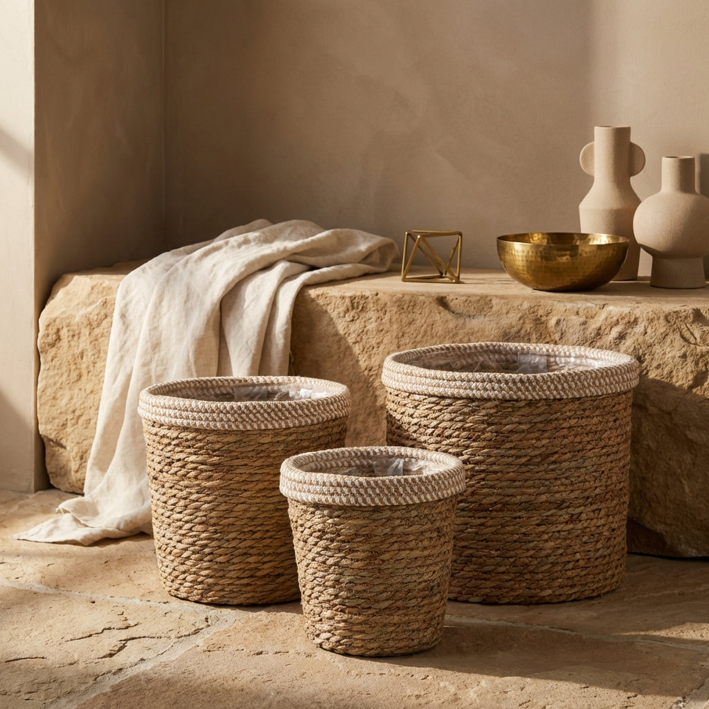 Leavy White border straight rattan basket SV3