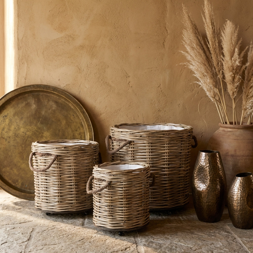 Darrett Natural woven basket round with wheels SV3