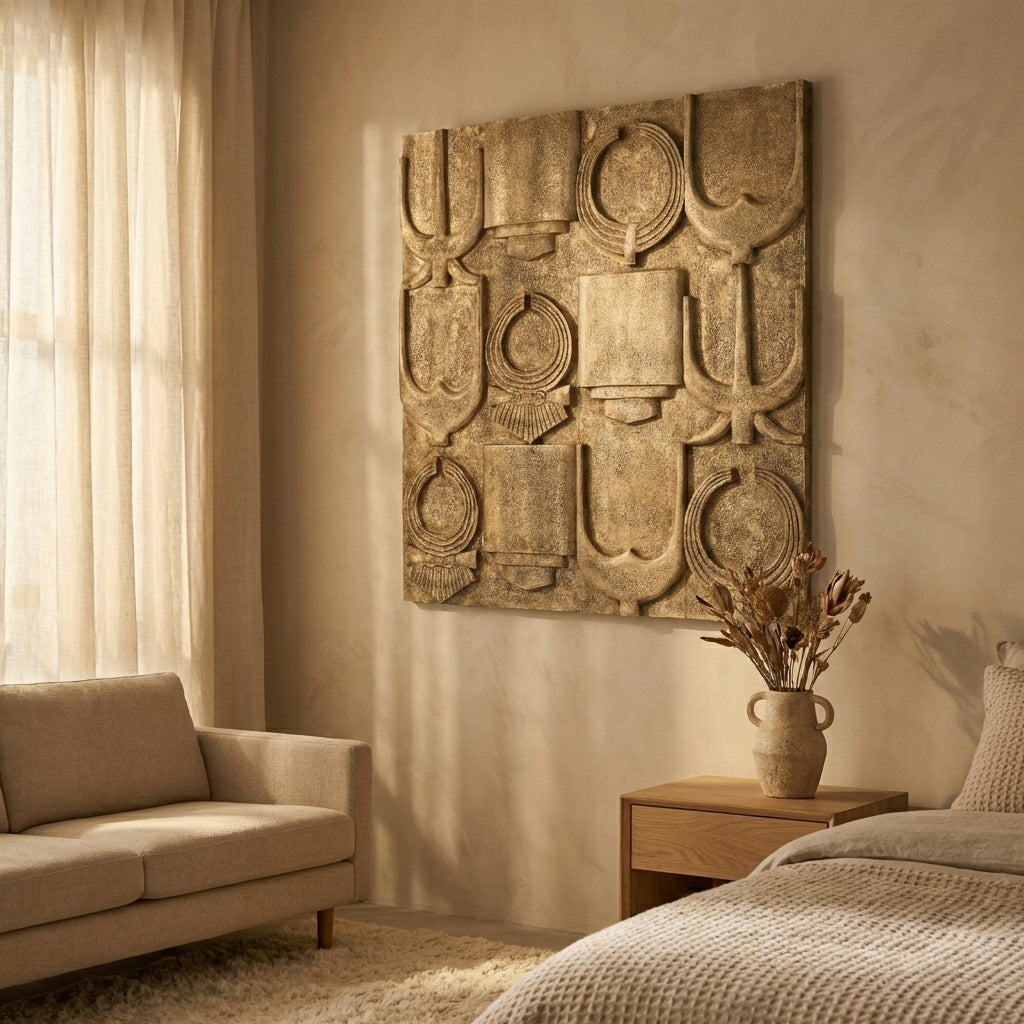 Saku Beige MDF aancient symbols antique wall panel