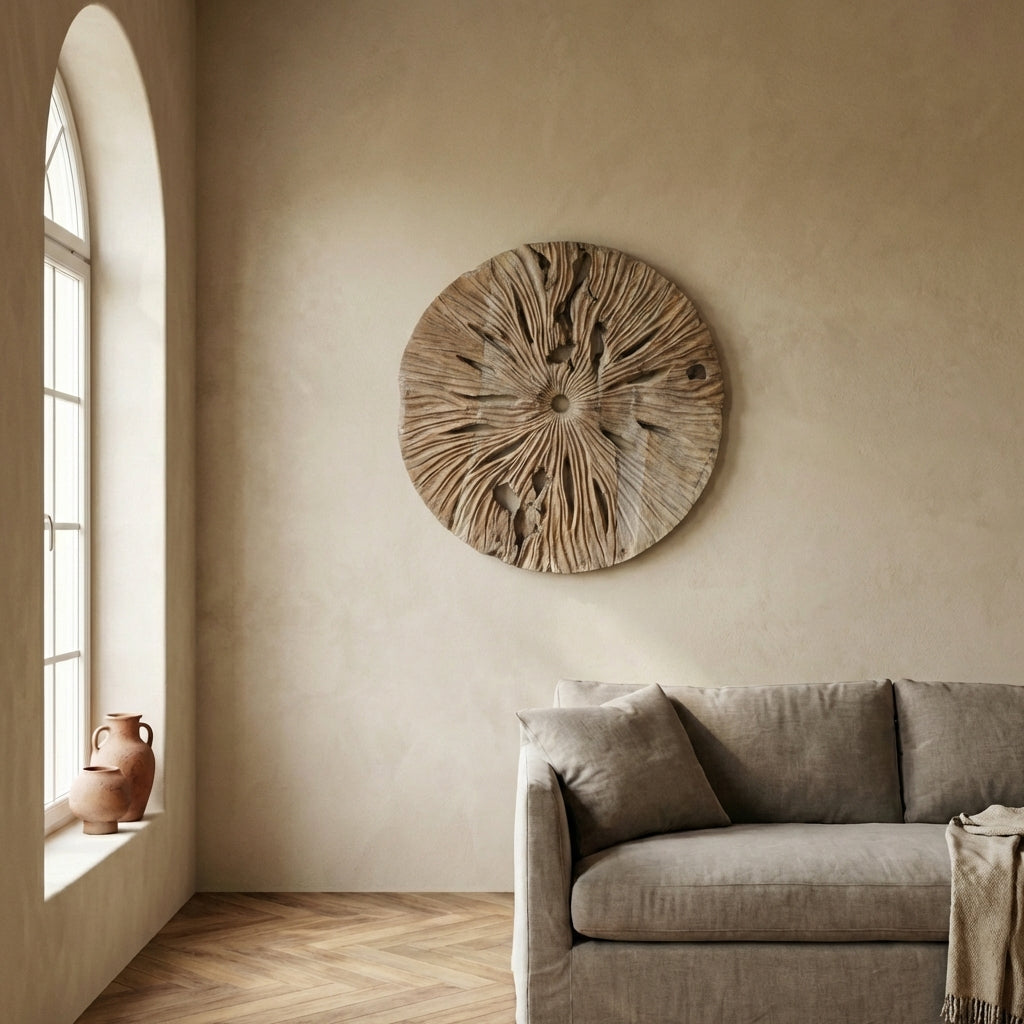 Roch Natural Teak wood wall panel rustic round S