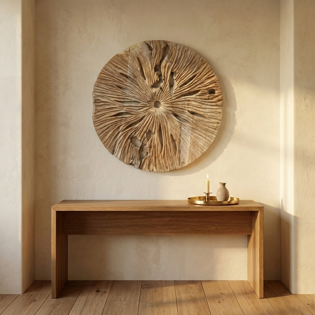 Roch Natural Teak wood wall panel rustic round L