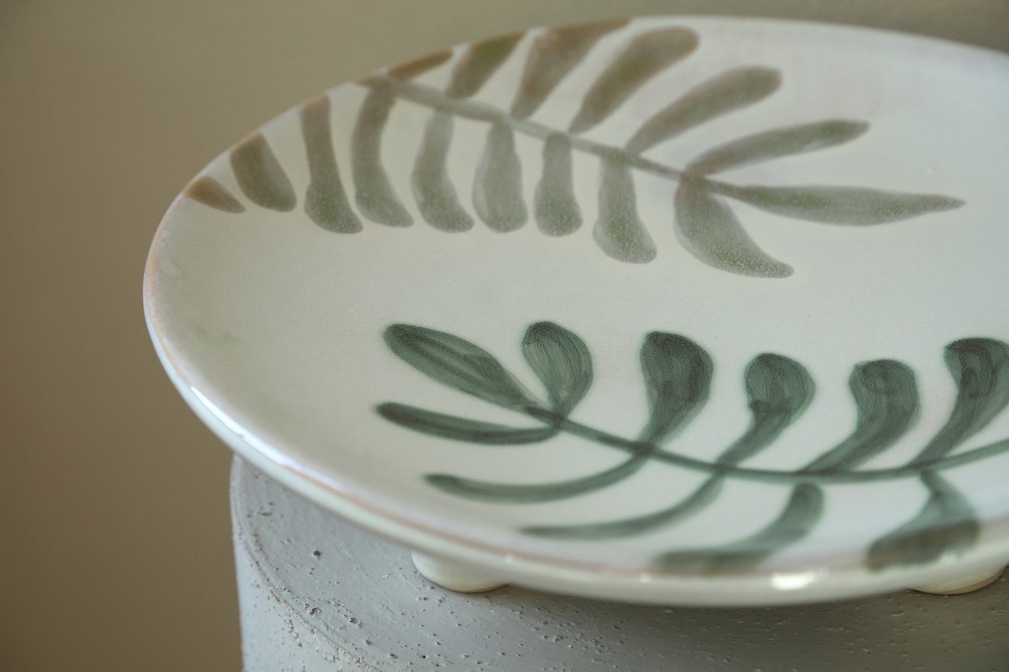 Vandy White round ceramic handpainted plate leaves